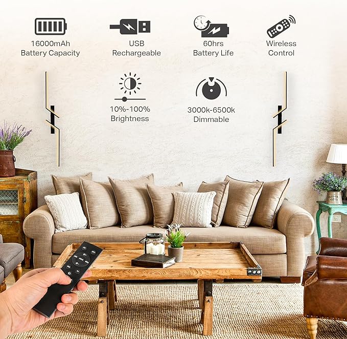1-Pack Battery Operated Wall Sconce - 39 Inch Rechargeable Sconces Decor - Wireless Light with Remote Control and Timer - Modern Black Battery Powered Fixture for Hallway Wall Decor