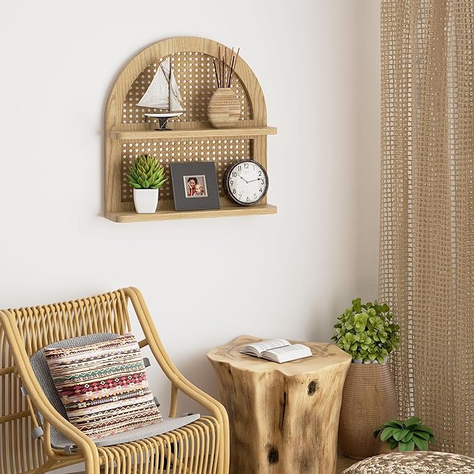 Wood Boho Rattan Wall Shelf - 2-Tier Arched Wicker Floating Shelf Natural Wood New Boho Shelf, Rustic Farmhouse Nursery Decor Shelves Wall Mounted, Neutral Handcrafted (16''l Natural Color)