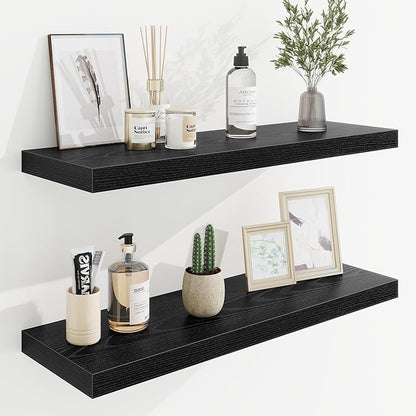 30in Floating Shelves for Wall, 30"W x 9.25"D x 1.25"H, 2 Pack Long Wall Mounted Engineered Wood Shelves with Invisible Brackets for Living Room, Bedroom, Bathroom, Kitchen Decor and Storage, Black