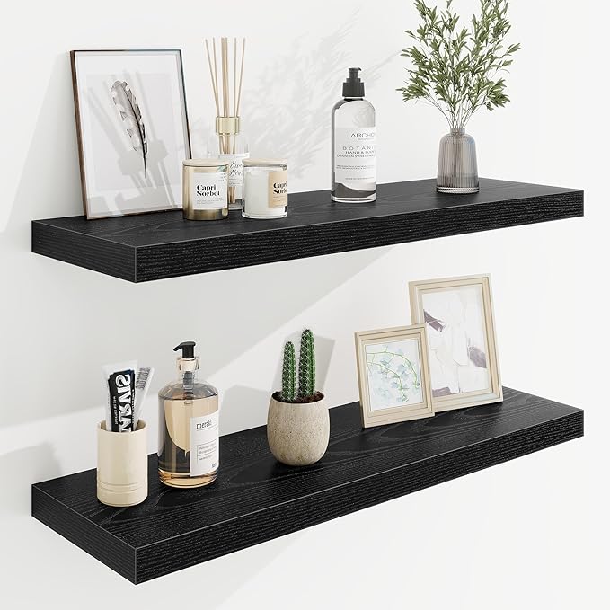 30in Floating Shelves for Wall, 30"W x 9.25"D x 1.25"H, 2 Pack Long Wall Mounted Engineered Wood Shelves with Invisible Brackets for Living Room, Bedroom, Bathroom, Kitchen Decor and Storage, Black
