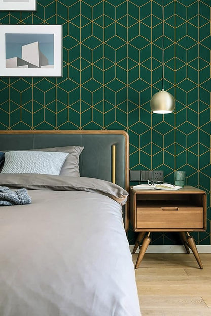 Safiyya Peel and Stick Wallpaper Gold and Dark Green Wall Paper Geometric Contact Paper Self Adhesive Removable Wallpaper for Walls Vinyl Roll 118"x17.3"