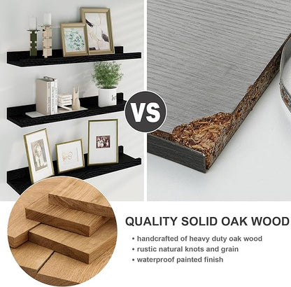 Floating Picture Ledge Shelves 55 Inch Solid Oak Wood Set of 2, Rustic Wall Storage Shelves with Lip, Kids Bookshelf, Photo & Picture Ledge Shelves for Bedroom, Living Room, Kitchen
