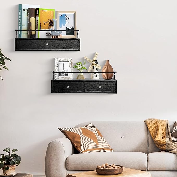 2-Pack Rustic Floating Shelves with Drawer, Black, 15.8 Inch Long, Wall-Mounted, Bathroom, Kitchen, Living Room Storage