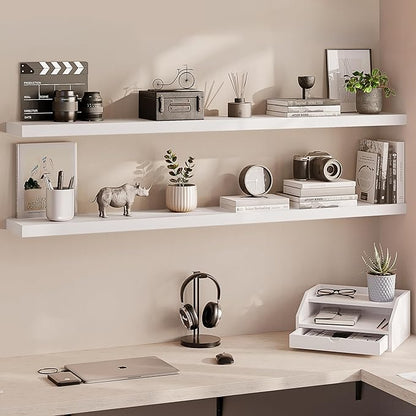 Ballucci Floating Shelves for Wall, 60" Wood Wall Shelf Set of 2, with Invisible Brackets for Bathroom, Living Room, Bedroom, Kitchen, Nursery, 8" Deep, White