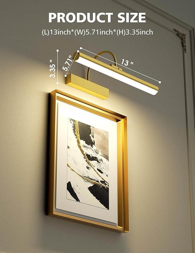 VOLISUN Picture Lights for Wall, 13 inch Rechargable Picture Light Battery Operated, 3 Color Temperatures Cordless Picture Light with Remote, Art Light for Paintings, Gallery, Portrait, 1 Pack (Gold)
