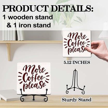 Coffee Bar Decor, Farmhouse Kitchen Table Decor, Coffee Station Accessories, Wooden Decorative Sign with Iron Stand for Table Desk Shelf Display-E27