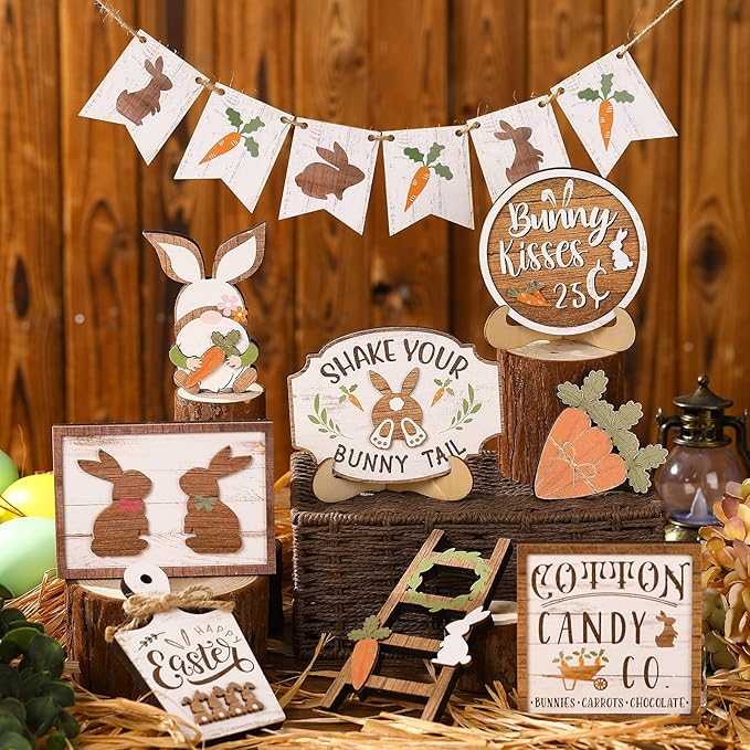 Amyhill 14 Pcs Easter Tiered Tray Decor Set Farmhouse Bunny Carrot Wooden Signs Rustic Spring Tiered Tray Decor Easter Table Decorations for Home Kitchen Coffee Bar Shelf