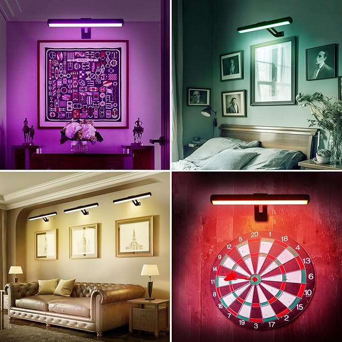 Picture Light Battery Operated, Picture Lights for Wall, Wireless Picture Light for Paintings, 48 LED, 16 Color Changing, Dartboard Light with 2 Base for Art-Black