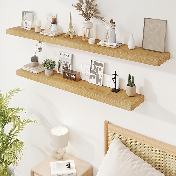 72in Floating Shelves for Wall, 72"W x 9.25"D x 1.5"H, Long Wall Mounted Engineered Wood Shelves with Invisible Brackets for Living Room, Bedroom, Bathroom, Kitchen Decor and Storage, Oak