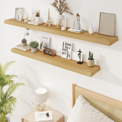 72in Floating Shelves for Wall, 72"W x 9.25"D x 1.5"H, Long Wall Mounted Engineered Wood Shelves with Invisible Brackets for Living Room, Bedroom, Bathroom, Kitchen Decor and Storage, Oak