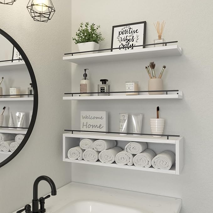 WOPITUES Floating Shelves for Wall 24 inch with Cube Shelf, Wall Shelves with Metal Rail for Bathroom Decor, Bathroom Organizers and Storage, Over Toilet Shelves, Toilet Paper-White