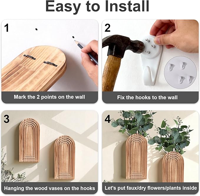 DREAMLOOM 2 Pack Wooden Wall Vases with Fake Plants, Wall Hanging Planters Boho Modern Farmhouse Indoor for Narrow Spaces Entryway Bathroom Home Office Decoration, Retro