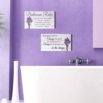 Jetec 2 Pieces Funny Bathroom Signs Bathroom Wall Decor Toilet Wall Accessories Farmhouse Toilet Rustic Wooden Signs, 12x6 Inch(Lavender Style)