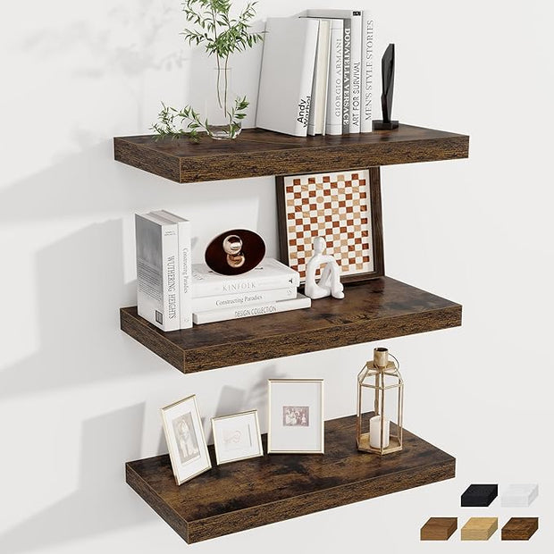 Fun Memories 24 x 12 Inch Deep Floating Shelves, 12 Inch Deep Rustic Wooden Book Shelf, Extra Deeper & Thicker Hanging Shelves for Living Room, Bathroom, Bedroom, Kitchen, Office, Set of 3 (Brown)
