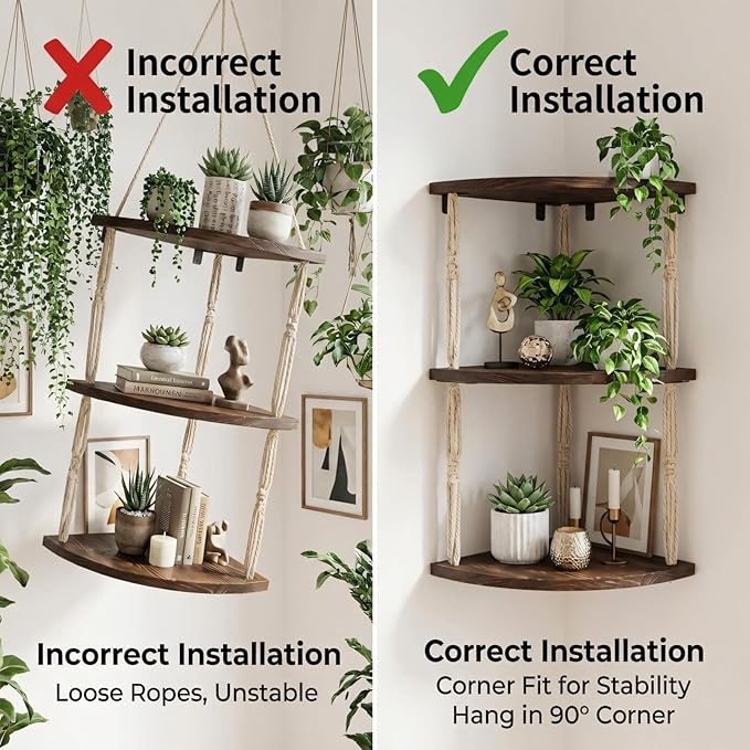 3-Tier Corner Floating Shelves with Aesthetic Greenery & Fairy Lights - Premium Wood-Textured Boho Wall Hanging Shelf - Stable L-Bracket Support for Home Decor, Office & Small Spaces