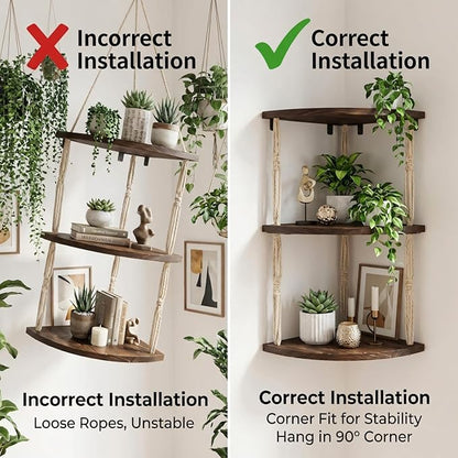 3-Tier Corner Floating Shelves with Aesthetic Greenery & Fairy Lights - Premium Wood-Textured Boho Wall Hanging Shelf - Stable L-Bracket Support for Home Decor, Office & Small Spaces