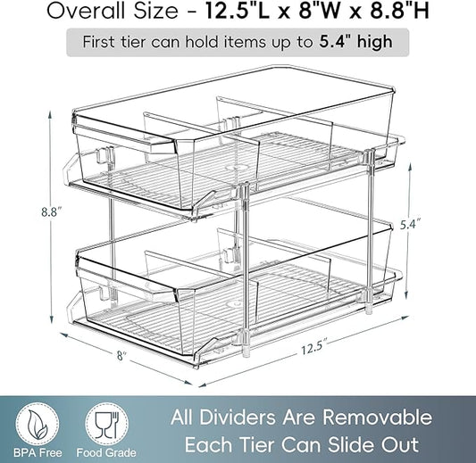 2 Set, 2 Tier Clear Organizer with Dividers for Cabinet, Shlef, Counter - MultiUse Slide-Out Storage Container - Kitchen, Pantry, Medicine Cupboard Bins, Bathroom, Vanity Makeup, Under Sink Organizing