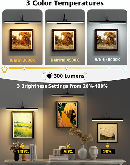 VOLISUN Picture Lights for Wall, 16 inch Rechargable Picture Light Battery Operated, 3 Color Temperatures Cordless Picture Light with Remote, Art Light for Paintings, Gallery, Portrait, 2 Pack (Black)