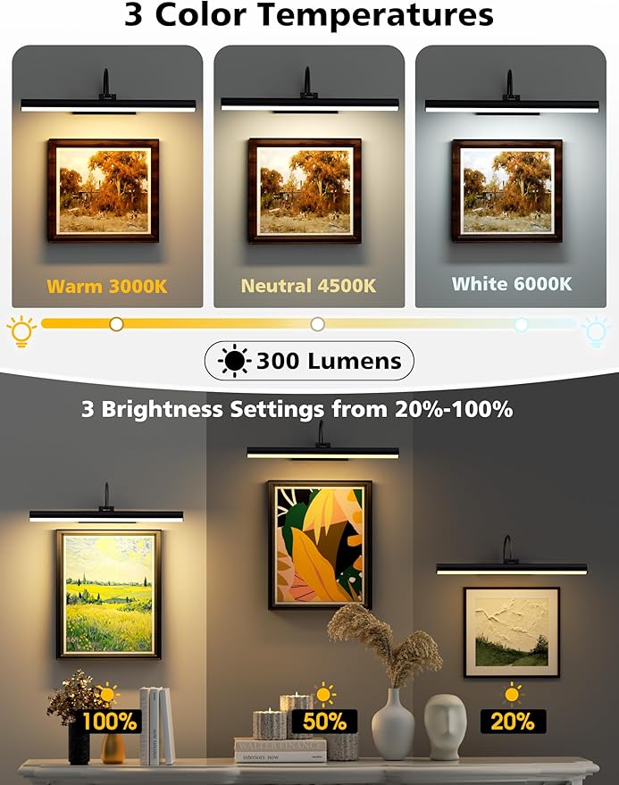 VOLISUN Picture Lights for Wall, 16 inch Rechargable Picture Light Battery Operated, 3 Color Temperatures Cordless Picture Light with Remote, Art Light for Paintings, Gallery, Portrait, 1 Pack (Black)
