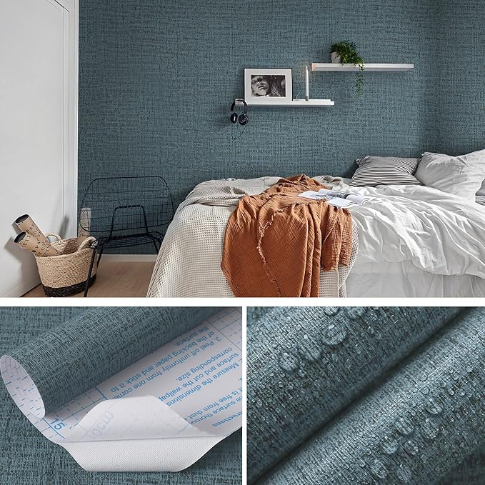 Guvana Grasscloth Peel and Stick Wallpaper Blue Textured Contact Paper Modern Removable Self Adhesive Wall Paper Thicken Fabric Faux Linen Wallpaper for Bathroom Bedroom Living Room 78.7inx15.7in