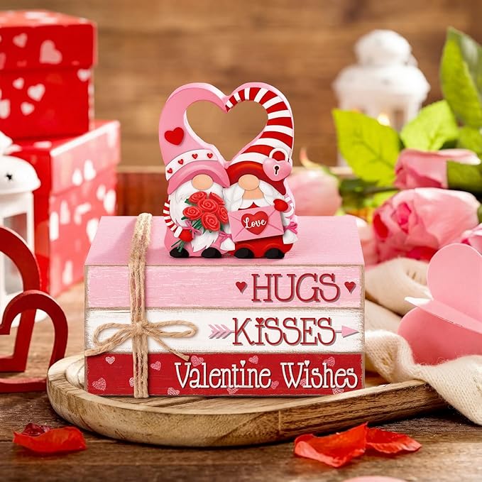 Geelin 4 Pcs Valentine Decorations Valentine Tiered Tray Decoration Wooden Gnome Book Stack Signs Ornament Vintage Table Decoration for Home Office Table Shelf Centerpiece Farmhouse Decorations