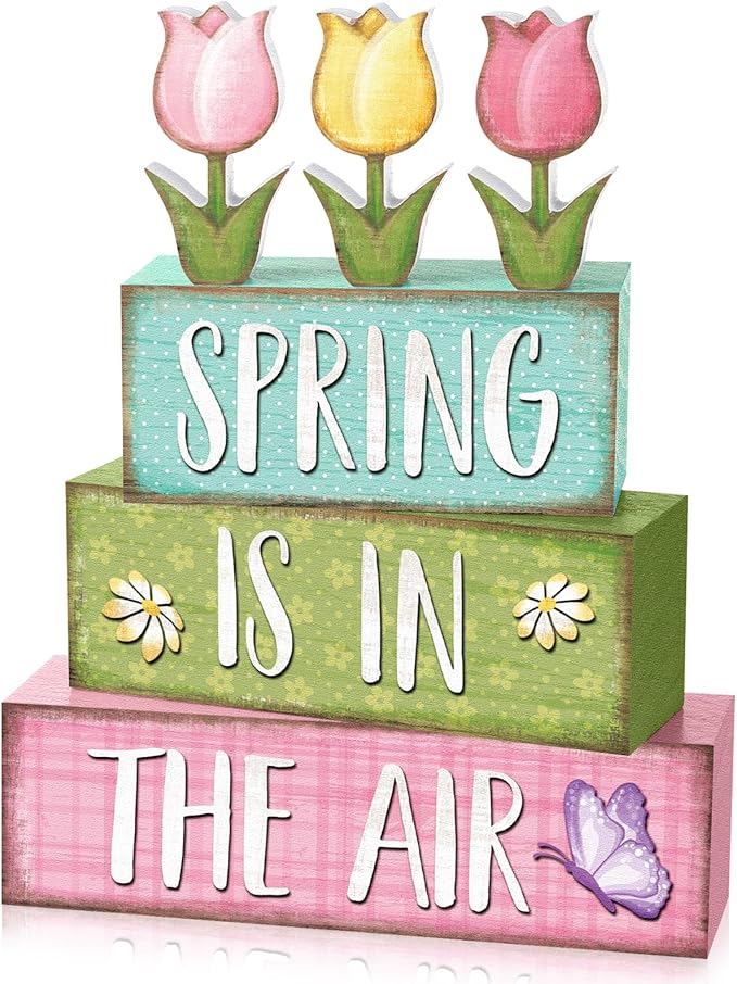 Marsui 4 Pcs Spring Table Decorations Tulip Flower Wooden Block Signs Pastel Tulip Tabletop Centerpieces Farmhouse Distressed Easter Spring Decor for Home Table Kitchen Shelf Tiered Tray Decor
