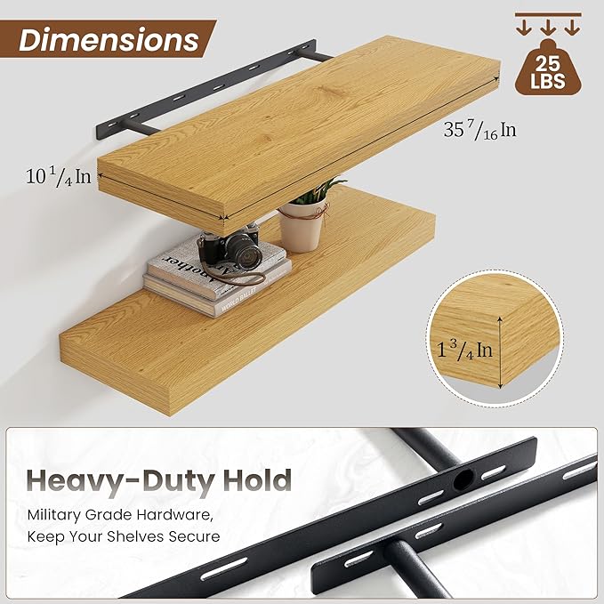 Heimlove 36 Inch Floating Shelves for Wall,10 Deep Wood Shelves with Invisible Brackets,Wall Mounted Storage & Display Shelves for Bedroom,Living Room,Kitchen,Office,Oak Color