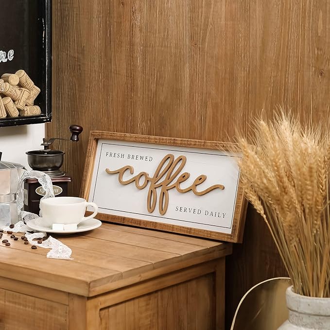 NIKKY HOME Farmhouse Coffee Signs For Bar, Vintage Wood Coffee Station Decorations For Home Counter And Kitchen, Rustic Wood Framed Hanging Wall Plaque 16x7 Inch