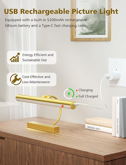 VOLISUN Picture Lights for Wall, 13 inch Rechargable Picture Light Battery Operated, 3 Color Temperatures Cordless Picture Light with Remote, Art Light for Paintings, Gallery, Portrait, 1 Pack (Gold)