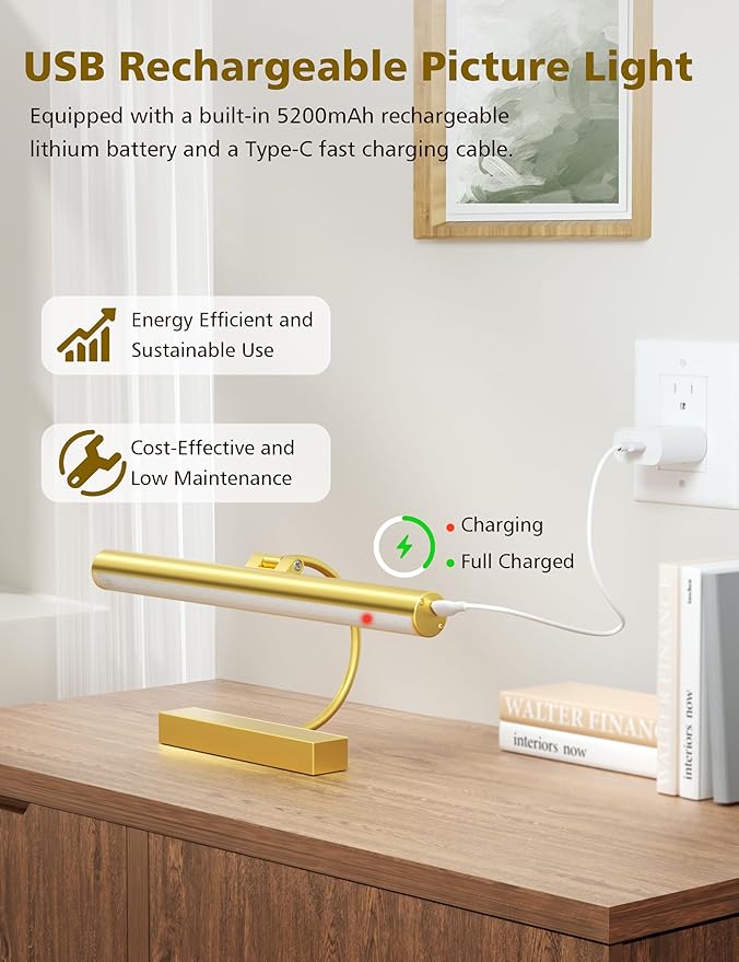 VOLISUN Picture Lights for Wall, 13 inch Rechargable Picture Light Battery Operated, 3 Color Temperatures Cordless Picture Light with Remote, Art Light for Paintings, Gallery, Portrait, 2 Pack (Gold)