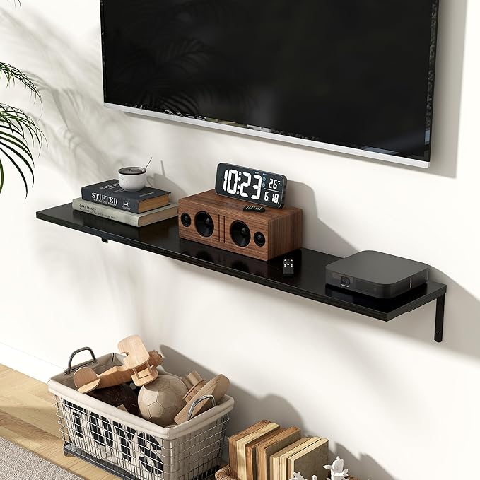 Fun Memories Deep Floating Shelves, 48W x 8D Floating Shelves Set of 2, Wall Mounted Shelf with Metal Brackets, Rustic Wood Wall Shelf for Bathroom, Kitchen and Living Room, Black