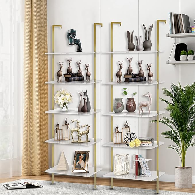 aboxoo Ladder Shelf 2PCS White Marble Bookshelf 5-Tier Wall-Mounted Wood Rack Open Industrial Modern Plant Flower Stand Utility Organizer Bookcase Metal Frame Furniture Office Kitchen Bedroom