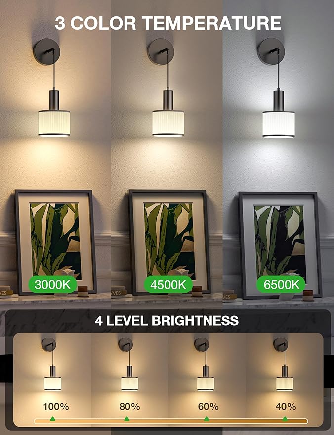 NIORSUN Battery Operated Wall Sconce Set of 2, Black&Off-White Wireless Rechargeable Wall Lights with 5200mAh Dimmable Detachable Bulbs and Remote, 9 Colors Sconces Wall Decor for Bedroom Living Room