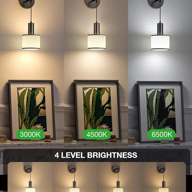 NIORSUN Battery Operated Wall Sconce Set of 2, Black&Off-White Wireless Rechargeable Wall Lights with 5200mAh Dimmable Detachable Bulbs and Remote, 9 Colors Sconces Wall Decor for Bedroom Living Room