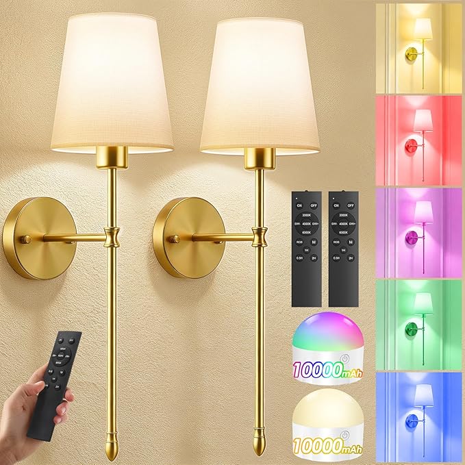 OCATO Battery Operated Wall Sconce: 10000mAh Wireless Wall Sconces Set of Two Rechargeable Lamp Dimmable Magnetic Lights with 7 RGB Colors and Remote Walls Decor for Bedroom Living Room Hallway