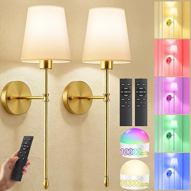OCATO Battery Operated Wall Sconce: 10000mAh Wireless Wall Sconces Set of Two Rechargeable Lamp Dimmable Magnetic Lights with 7 RGB Colors and Remote Walls Decor for Bedroom Living Room Hallway