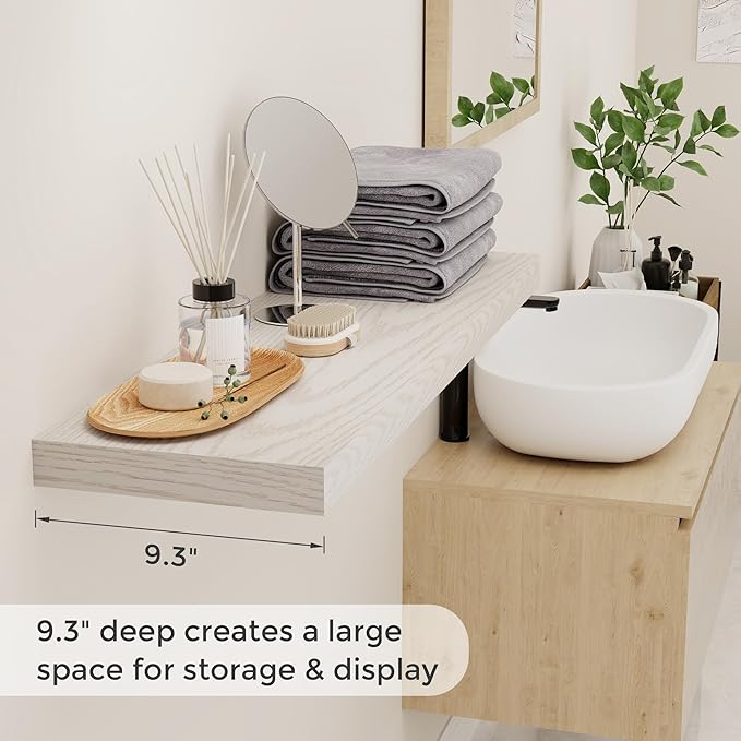36 Inch Long Floating Shelves for Wall, 9.3 Inch Deep Floating Shelf with Heavy-Duty Bracket, 2 Pack Long Shelves for Bathroom, Living Room, Bedroom, Wall Mounted Storage Shelf for Books Decor, Brich
