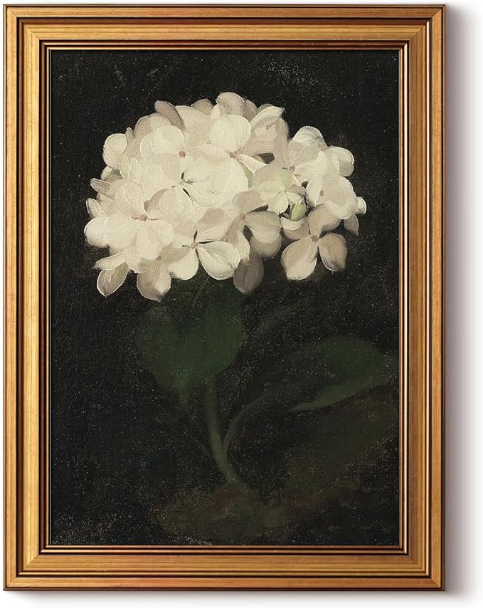 HUARCEY Gold Framed Vintage Wall Art for Living Room, Flowers Painting Canvas Prints Shelf Decor for Kitchen, Aesthetic Bedroom Wall Art, Christmas Gifts for Friends Family (White Hydrangea 12
