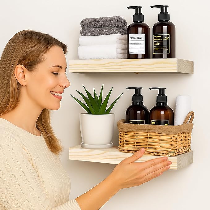 BGMG Wood Floating Shelves for Wall 12 inch Set of 2, Wooden Wall Mount Shelves for Bathroom Living Room Bedroom Kitchen Farmhouse -12x 6.7 x1.25 inch- DIY-Unfinished