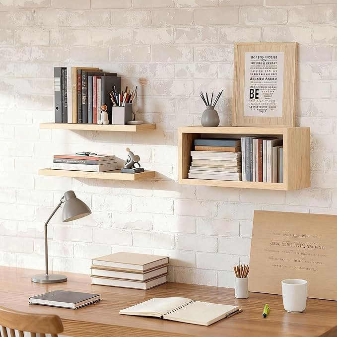 Wall Mounted Floating Shelf, c Long for Bedroom Living Room Kitchen Staircase Bathroom Above Toilet Wall Decoration Book Storage Room Recoration (3piece Set) Natural Wood Color