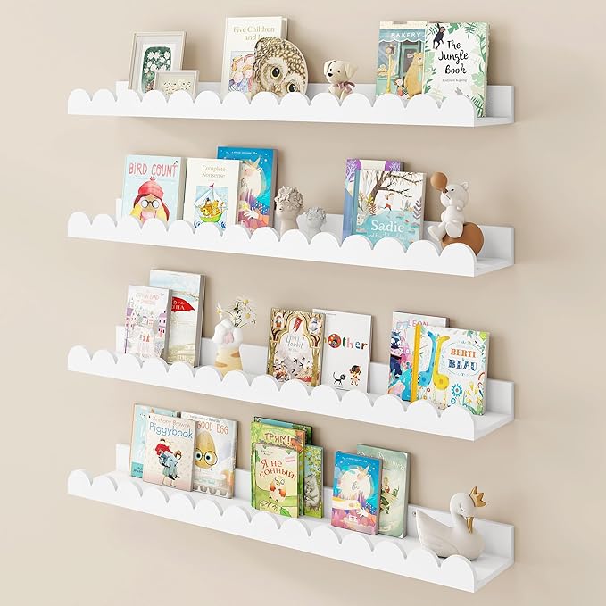 Fun Memories 28 Inch Scalloped Floating Shelf, White Picture Ledge for Wall, Set of 4, Nursery Book Shelves for Baby Room, Kids Rooms, Bedroom
