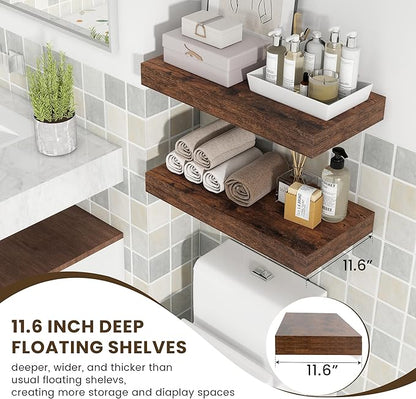 Deep Floating Shelves | 24 Inch Brown Floating Shelves Set of 2 | 12 Inch Deep Rustic Wood Shelves for Wall | 24" W x 12" D Brown Shelves for Living Room Bathroom Laundry Room Kitchen