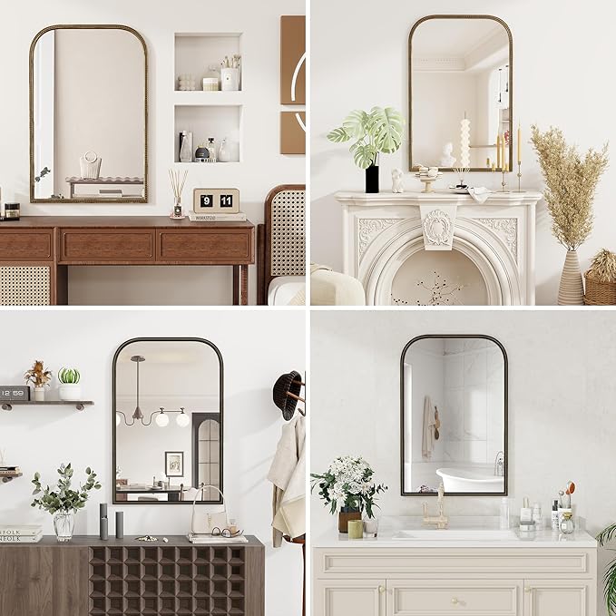 Axeman 24x36 Rounded Rectangular Wall Mirror, Decorative Bathroom Mirror, Traditional Vintage Wall Mounted Mirror with Beaded Frame for Accent Living Room Vanity Bedroom Entryway, Bronze
