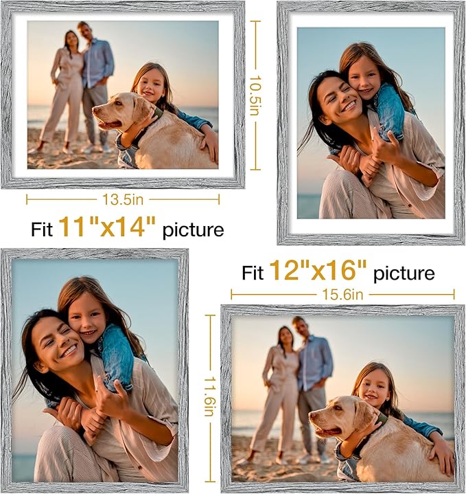 Vittanly 12x16 Picture Frames Set of 4, Display Pictures 11x14 with Mat or 12x16 without Mat, Gallery Frame for Wall Display, Engineered Wood with Shatter Resistant Plexiglass, Grey