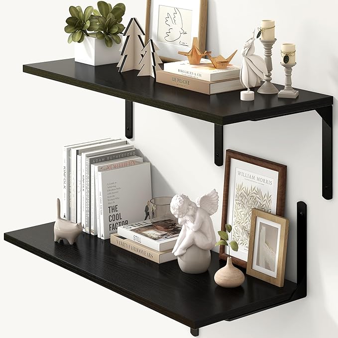 Fun Memories Floating Shelves for Wall, 12 Inch Deep Floating Shelves Set of 2, Wall Mounted Shelf with Metal Brackets, Rustic Wood Wide Shelf for Bathroom, Kitchen and Living Room, Black, 32W x 12D