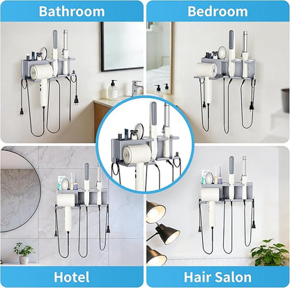 Blow Dryer Holder, 2 Installation Methods (Adhesive & Screws) Hair Dryer Holder Wall Mounted, Metal Hair Tool Organizer for Curling Iron, Straightener, Bathroom Wall Organizer, Gray