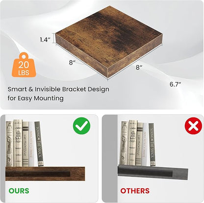 Square Floating Shelves for Wall, 7.5" W x 7.5" D x 1.4" H, Small Wooden Wall Mounted Display Shelf with Invisible Brackets for Living Room, Bathroom, Kitchen Decor, Set of 4, Rustic Brown