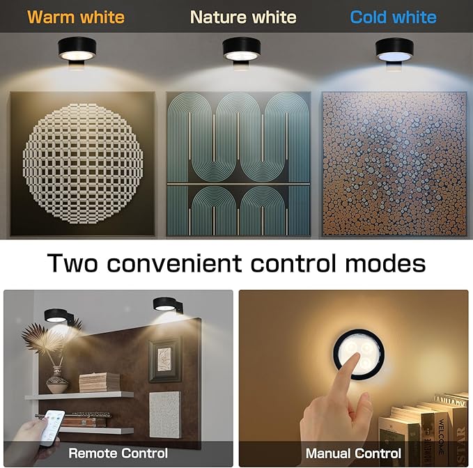 2-Pack Picture Light for Paintings Battery Operated Art Light with Remotes,3 Lighting Display Light,Magnetic Dimmable and Timer Wall Light for Picture Artworking Frame Portrait,LED Puck Lights-Black