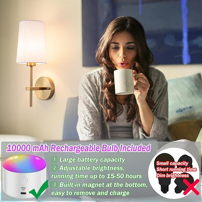 Battery Operated Wall Sconce Set of 2, Wireless Dimmable Battery Powered Wall Lamp with Remote Control,battery Wall Light with White Fabric Shade for Bedroom,Easy To Install,3 Color Temp Bulb Included
