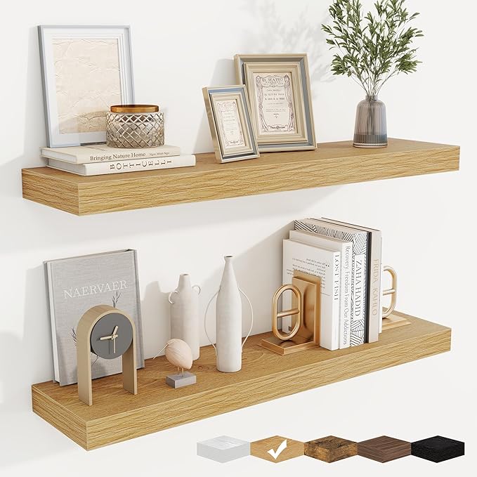 fuqing Floating Shelves for Wall, Wall Mounted Wood Floating Shelf with Invisible Brackets for Living Room, Bathroom, Bedroom, Kitchen Storage and Decor, 32 Inch Set of 2, Oak